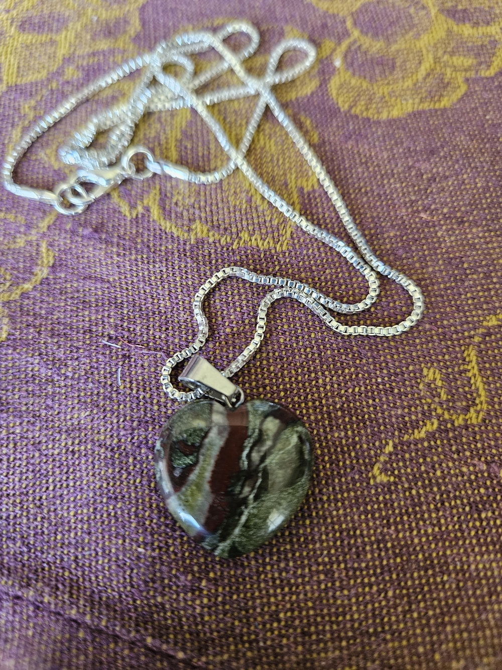 Heart Bloodstone Pendant Necklace On Silvertone Chain 22"